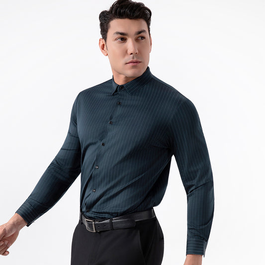 Men's Seamless Striped 4-Way Stretch Dress Shirt - Wrinkle-Free, Long Sleeve, Slim Fit Business Casual Shirt