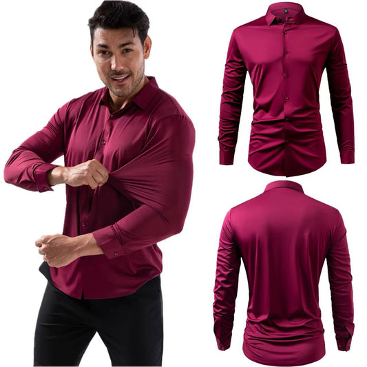Men's 4-Way Elastic Long Sleeve Shirt Wrinkle Resistant European Size Muscle Fit Sports Casual Shirt