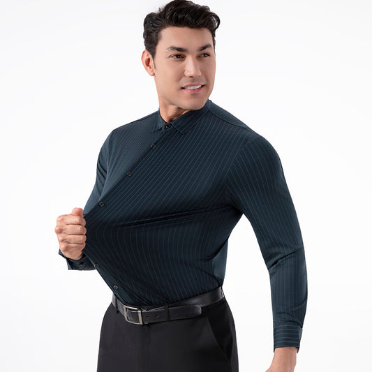 Men's Seamless Striped 4-Way Stretch Dress Shirt - Wrinkle-Free, Long Sleeve, Slim Fit Business Casual Shirt