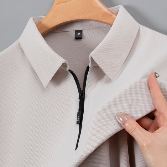 Men's Zip-Up Ice Silk Waffle Knit Polo Shirt—Stretch Slim Fit Short Sleeve Golf T-Shirt
