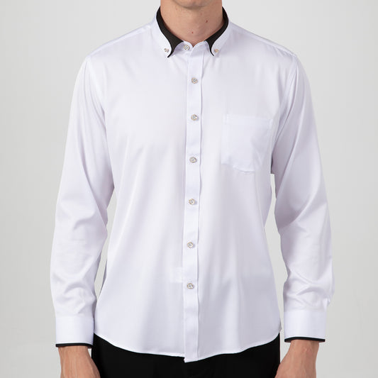 Men's 4-Way Stretch Contrast Collar Dress Shirt - Wrinkle-Free, Long Sleeve Business Casual Button Down with Rhinestone Buttons