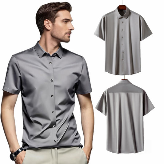 Men's Cool Ice Silk Short Sleeve Dress Shirt, Anti-Wrinkle for Work