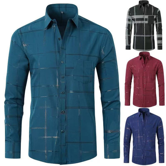 Luxury Gold Foil Long Sleeve Shirt Men-Slim Fit Thin Non Iron Casual Shirt