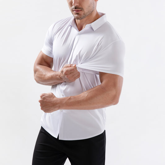 Men's White Seamless Wrinkle-Free Short Sleeve Shirt — 4-Way Stretch Shirt