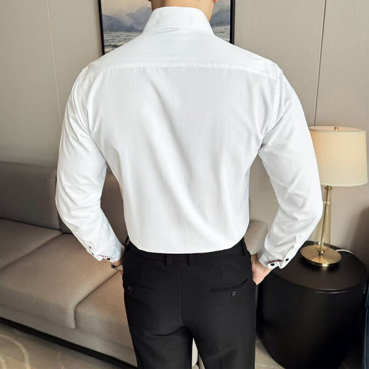 Men's Slim Fit Color-Block Collar Shirt | Black Buttons | Business Casual Cotton