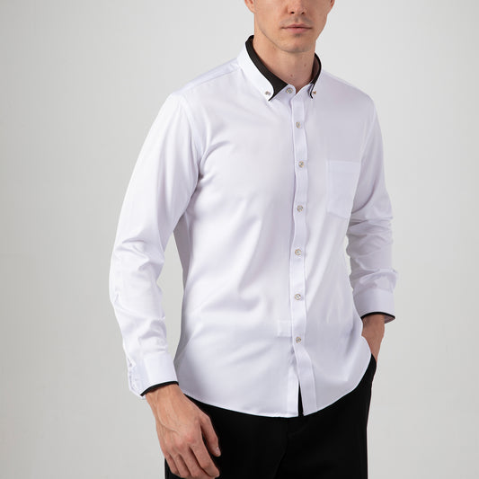 Men's 4-Way Stretch Contrast Collar Dress Shirt - Wrinkle-Free, Long Sleeve Business Casual Button Down with Rhinestone Buttons