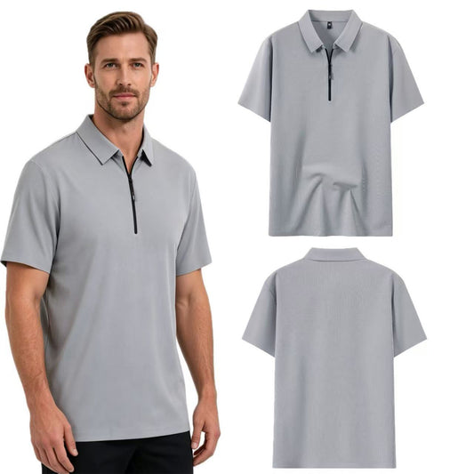 Ice Silk Waffle Zipper Polo Shirt Men High Elastic Comfort Short Sleeve