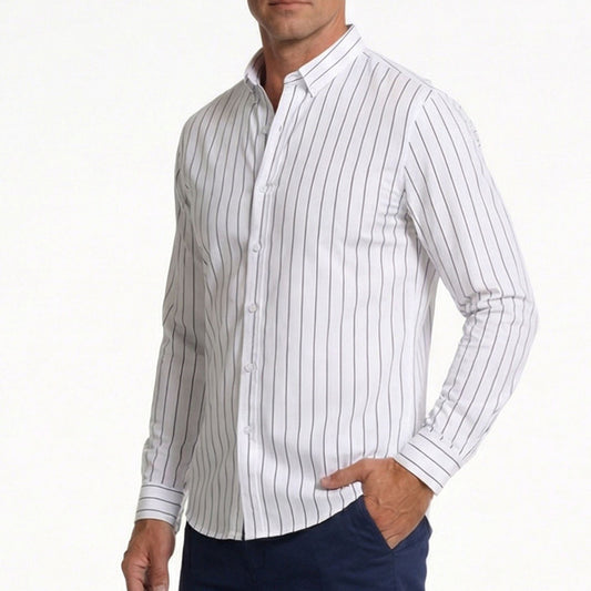 Men's Slim Fit Stretch Striped Long Sleeve Business Casual Shirt