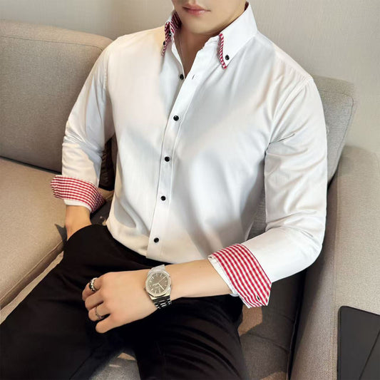 Men's Slim Fit Color-Block Collar Shirt | Black Buttons | Business Casual Cotton