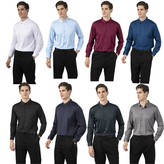 Men's High Elastic Wrinkle-Free Dress Shirt, Long Sleeve Solid Color Seamless Business Casual Formal Slim Fit Non-Iron Office Dress Shirts for Men