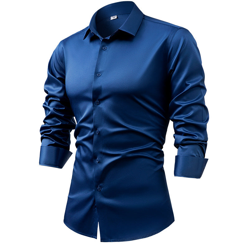 Hortiss Men’s Satin Business Shirt – Non-Iron Formal Long Sleeve Midnight Blue