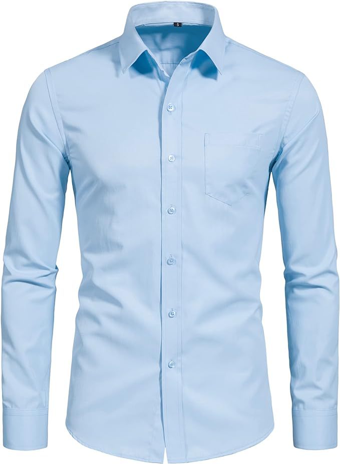 Hortiss Men’s Mercerized Stretch Shirt – Formal Business Long Sleeve Light blue (natural clasp with pockets)
