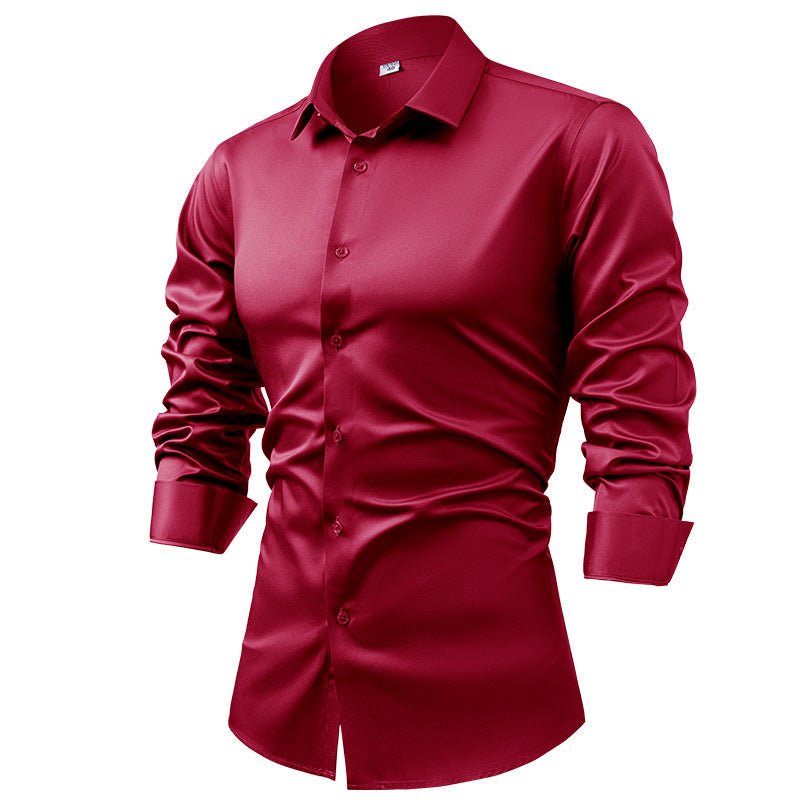 Hortiss Men’s Satin Business Shirt – Non-Iron Formal Long Sleeve Red wine