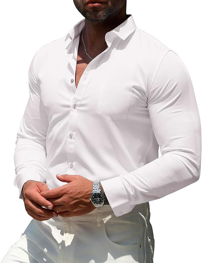 Hortiss Men’s Mercerized Stretch Shirt – Formal Business Long Sleeve White (white buckle with pockets)