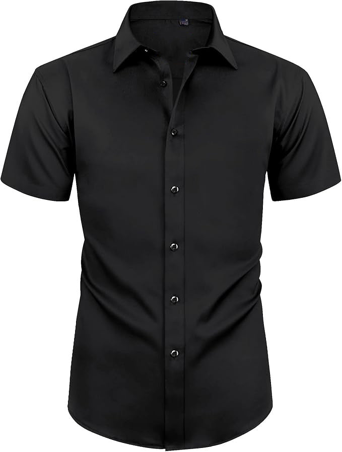 Hortiss Four-Way Stretch Dress Shirt – Slim Fit Business Shirt Black short sleeve