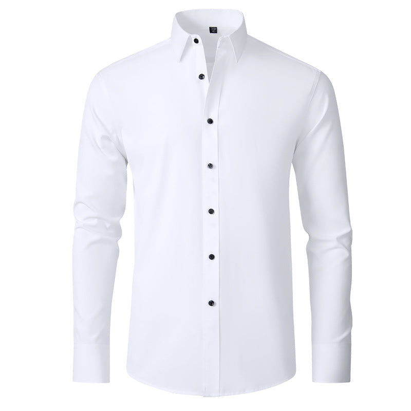 Hortiss Men’s Mercerized Stretch Shirt – Formal Business Long Sleeve White (black buckle)
