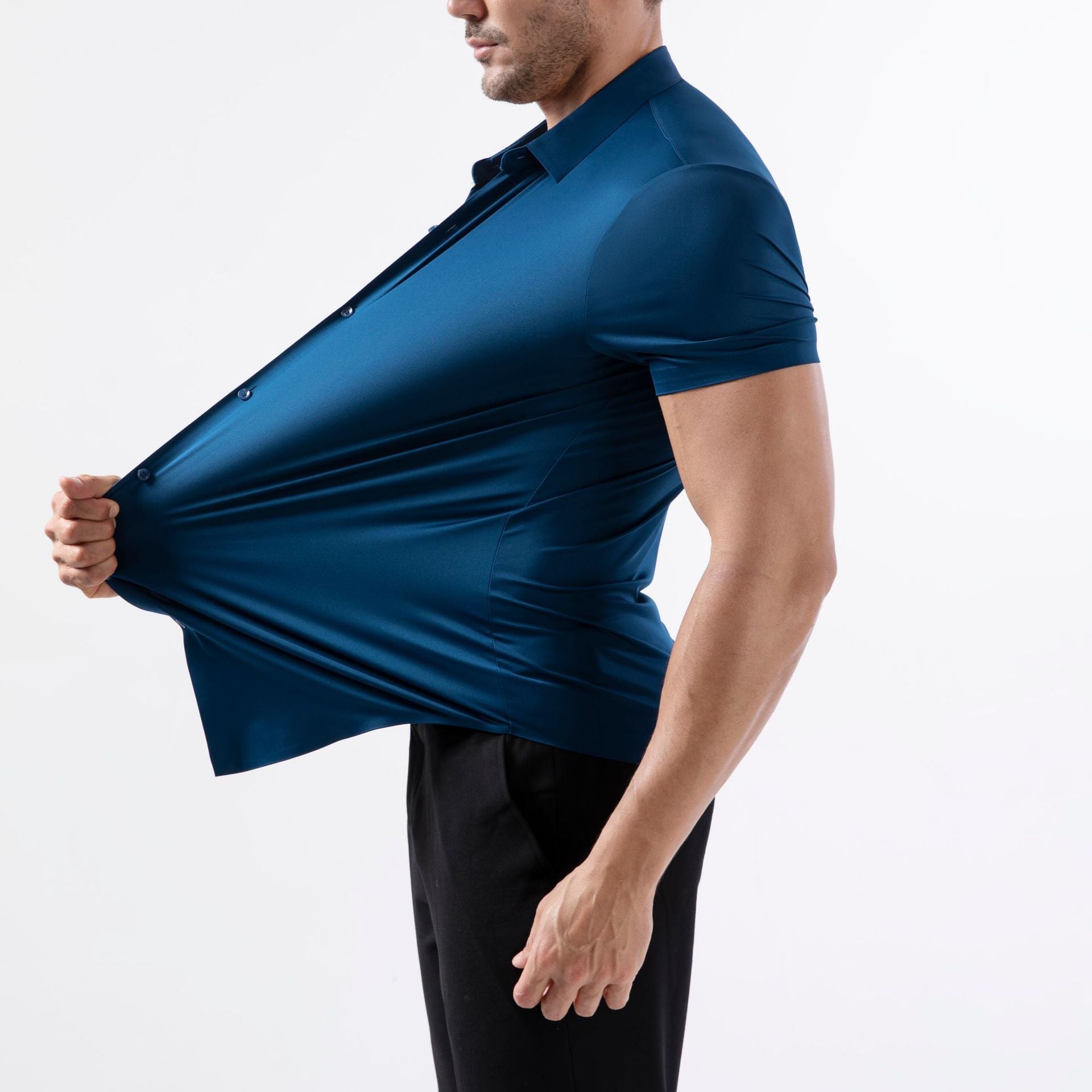 Hortiss Men’s Four-Way Stretch Shirt – Wrinkle-Free Business Shirt Peacock Blue (short sleeve)