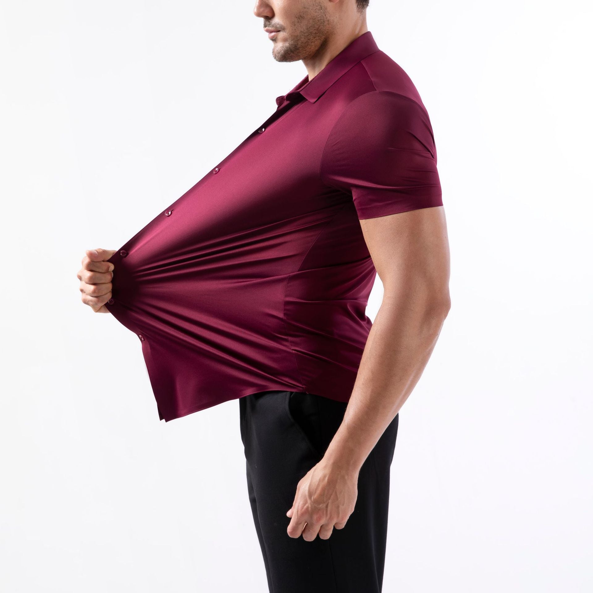 Hortiss Men’s Four-Way Stretch Shirt – Wrinkle-Free Business Shirt Wine red (short sleeve)