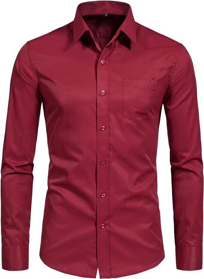 Hortiss Men’s Mercerized Stretch Shirt – Formal Business Long Sleeve Burgundy (natural buckle with pockets)