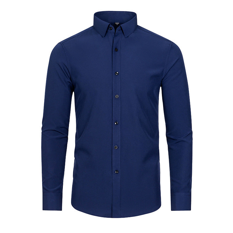 Hortiss Men’s Mercerized Stretch Shirt – Formal Business Long Sleeve Navy blue (natural color buckle)