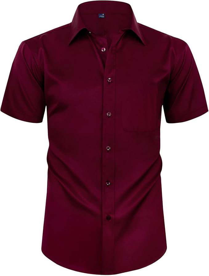 Hortiss Four-Way Stretch Dress Shirt – Slim Fit Business Shirt Wine red short sleeve