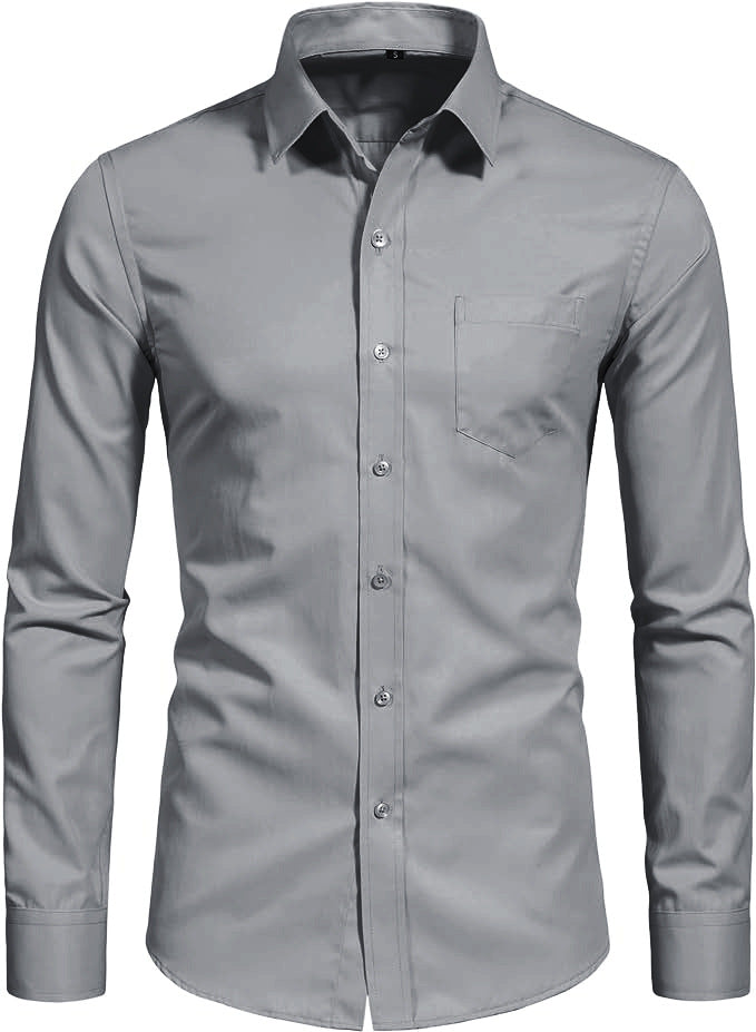 Hortiss Men’s Mercerized Stretch Shirt – Formal Business Long Sleeve Gray (natural color buckle with pocket)