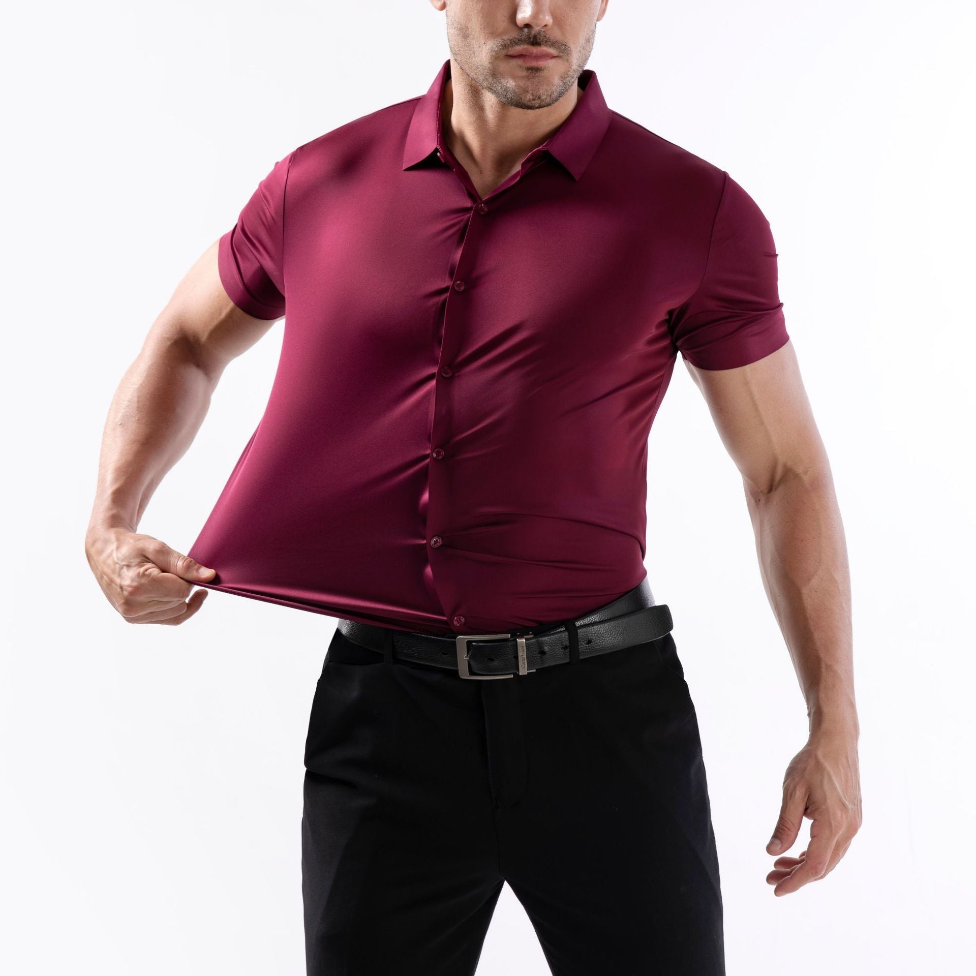 Hortiss Men’s Short Sleeve Stretch Shirt – Anti-Wrinkle Summer Shirt Red wine