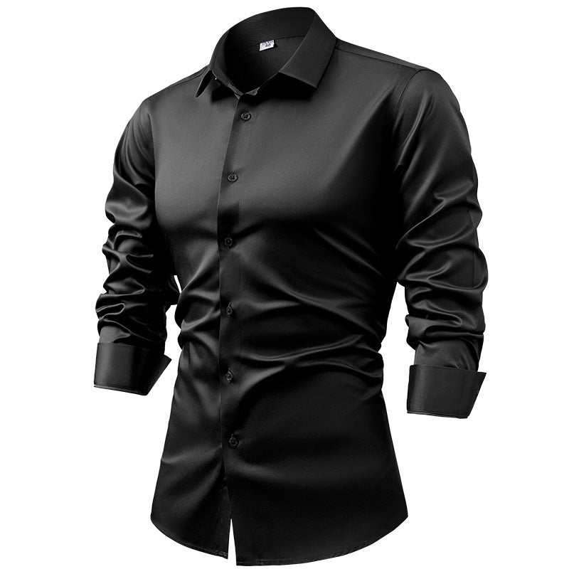 Hortiss Men’s Satin Business Shirt – Non-Iron Formal Long Sleeve Jet Black