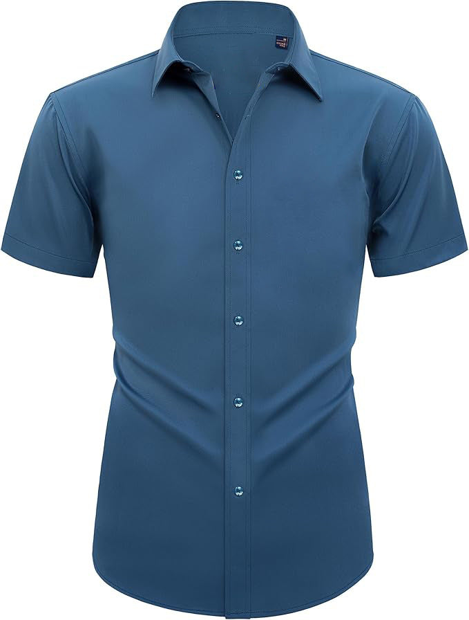 Hortiss Four-Way Stretch Dress Shirt – Slim Fit Business Shirt Peacock blue short sleeve