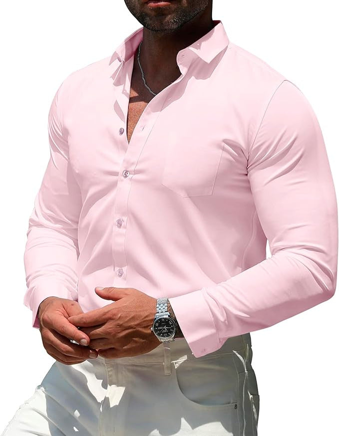 Hortiss Men’s Mercerized Stretch Shirt – Formal Business Long Sleeve Pink (natural buckle with pockets)