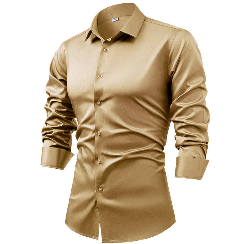 Hortiss Men’s Satin Business Shirt – Non-Iron Formal Long Sleeve Camel