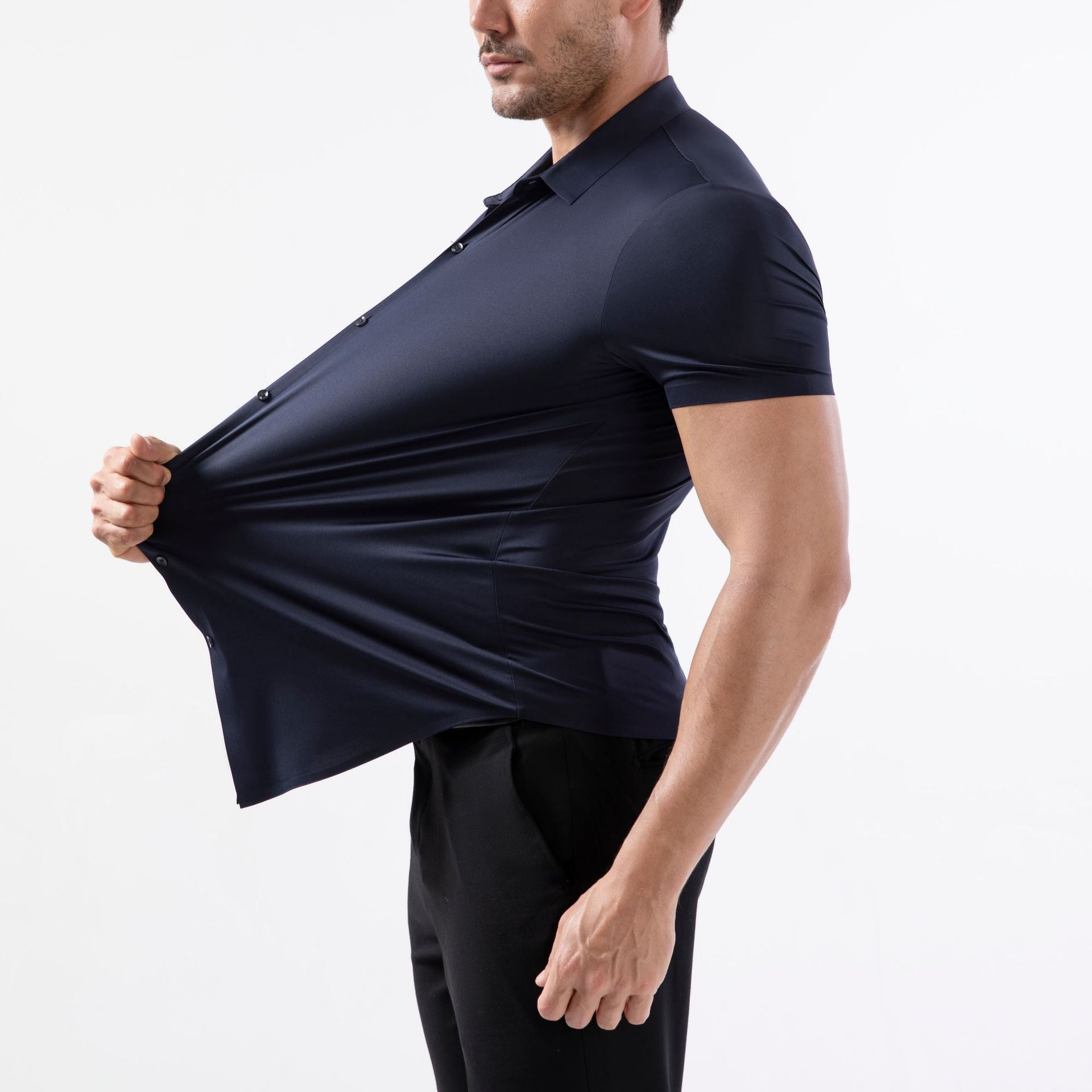 Hortiss Men’s Four-Way Stretch Shirt – Wrinkle-Free Business Shirt Navy (short sleeve)