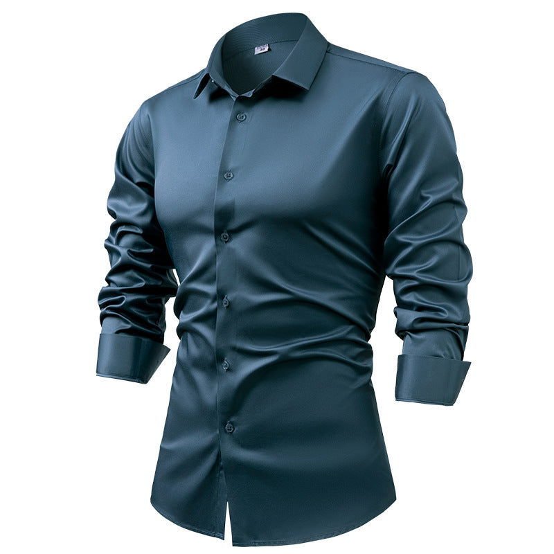 Hortiss Men’s Satin Business Shirt – Non-Iron Formal Long Sleeve Peacock blue