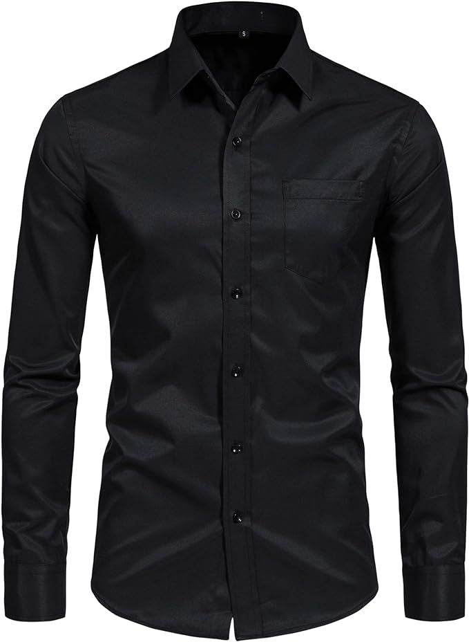 Hortiss Men’s Mercerized Stretch Shirt – Formal Business Long Sleeve Black (natural clasp with pockets)
